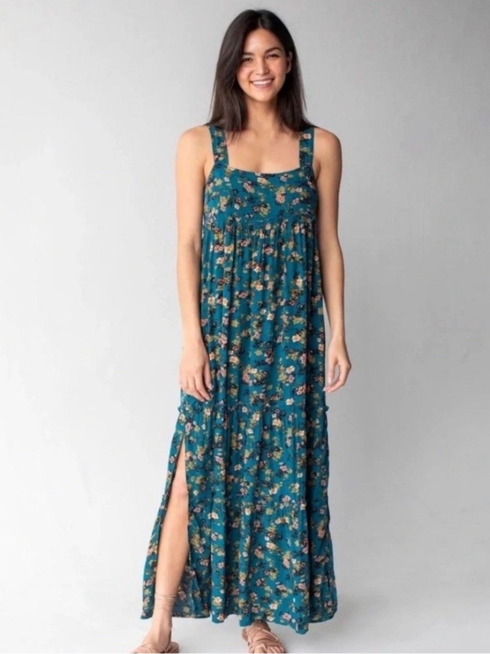 NWT Natural Life Eliza Floral Tiered Maxi Dress in Turquoise M New!